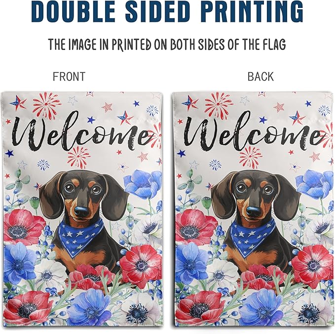 4th of July Dachshund Garden Flag Red White Blue Floral Weiner Dog Yard Flags Small Memorial Independence Day Banner 12x18 Double Sided for Outside Outdoor Patriotic Decor
