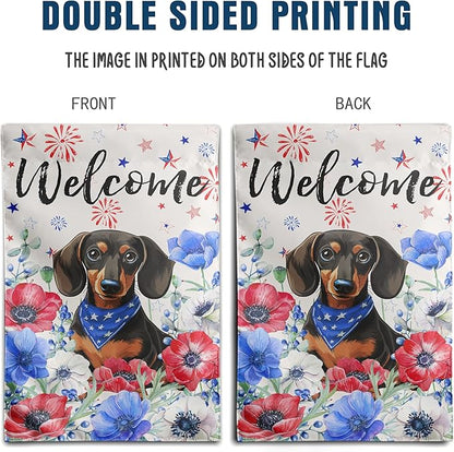 4th of July Dachshund Garden Flag Red White Blue Floral Weiner Dog Yard Flags Small Memorial Independence Day Banner 12x18 Double Sided for Outside Outdoor Patriotic Decor