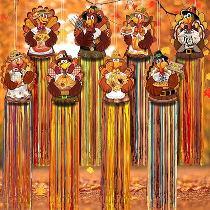 DoubleFill 8 Pcs Thanksgiving Turkey Outdoor Hanging Decorations with Tassels Fall Harvest Yard Decoration Windsocks for Outside 3.3ft Signs for Wall Home Lawn Yard Tree Party Supplies Garden Decor