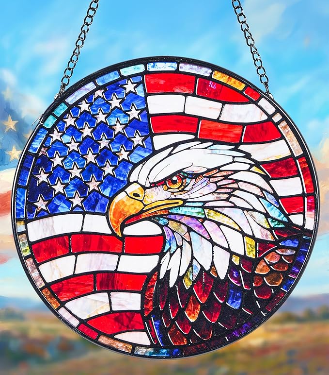 Stained Glass Window Hanging Suncatchers with American Bald Eagle 12.6", Vibrant Glass Panel with Metal Chain for Home Decor Gift for Women Mother's Day, Birthday, Men, and Mom