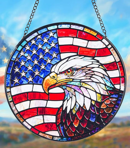 Stained Glass Window Hanging Suncatchers with American Bald Eagle 12.6", Vibrant Glass Panel with Metal Chain for Home Decor Gift for Women Mother's Day, Birthday, Men, and Mom
