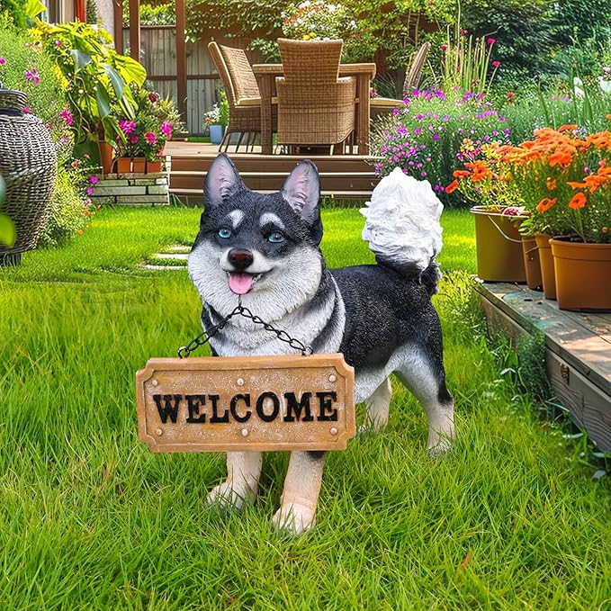 Solar Akita Garden Statue with Lantern & Double-Sided Sign - Outdoor Dog Decor for Yard, Patio, Porch - Resilient Resin Puppy Sculpture, Auto On/Off Solar Path Lights - Dog Memorial Gift