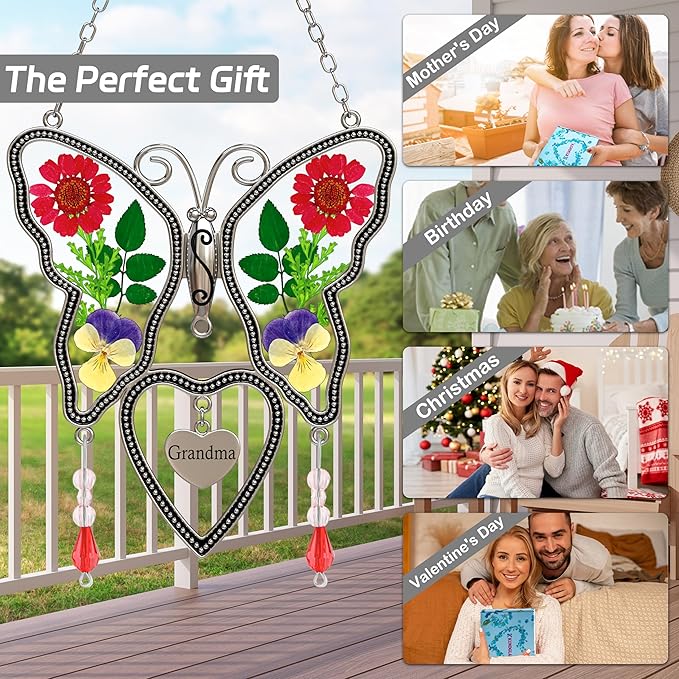 Suncatcher Grandma Butterfly Heart Shaped Glass Suncatcher with Pressed Flower Nana Gifts Wind Chimes with Real Flowers, Pendant Birthday Gifts for Grandma Mother`s Day Indoor Décor