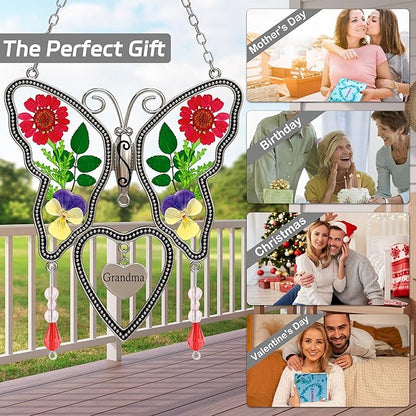 Suncatcher Grandma Butterfly Heart Shaped Glass Suncatcher with Pressed Flower Nana Gifts Wind Chimes with Real Flowers, Pendant Birthday Gifts for Grandma Mother`s Day Indoor Décor