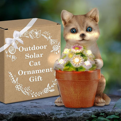 Muldale Cat Solar Light - Cat Garden Statue Outdoor - Solar Powered Cat Garden Decor for Outside - Hand Painted Floral Plant Pot Light Up Cat, Brown