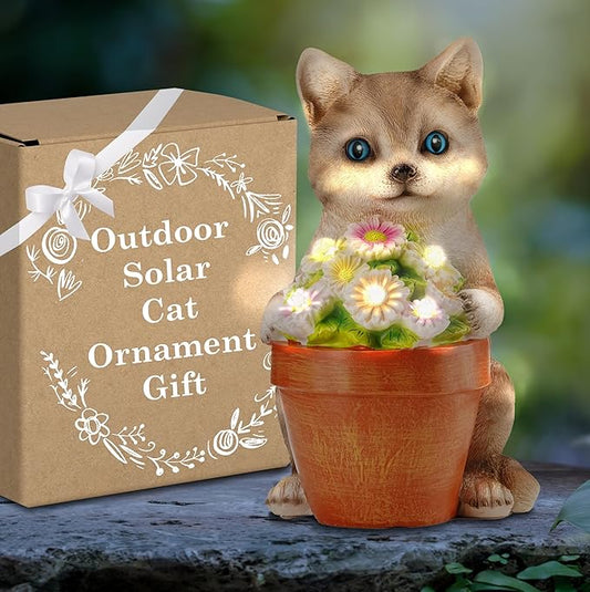 Muldale Cat Solar Light - Cat Garden Statue Outdoor - Solar Powered Cat Garden Decor for Outside - Hand Painted Floral Plant Pot Light Up Cat, Brown