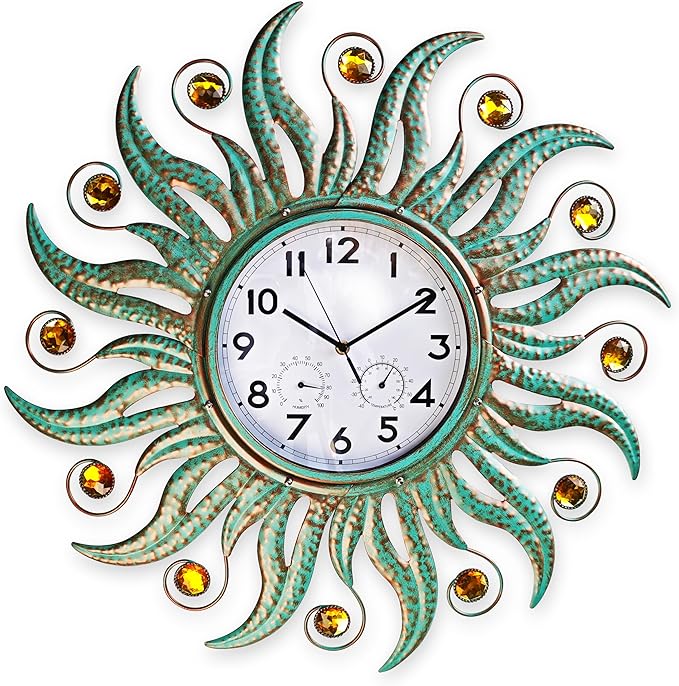 COOZZUHOUR 25 Inch Metal Sun Outdoor Shaped-Clock with Thermometer and Hygrometer Combo, Battery-Powered 10-inch Waterproof Dial and Silent Quartz Movement for Home Decorative Gifts(Cyan)