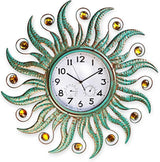 COOZZUHOUR 25 Inch Metal Sun Outdoor Shaped-Clock with Thermometer and Hygrometer Combo, Battery-Powered 10-inch Waterproof Dial and Silent Quartz Movement for Home Decorative Gifts(Cyan)