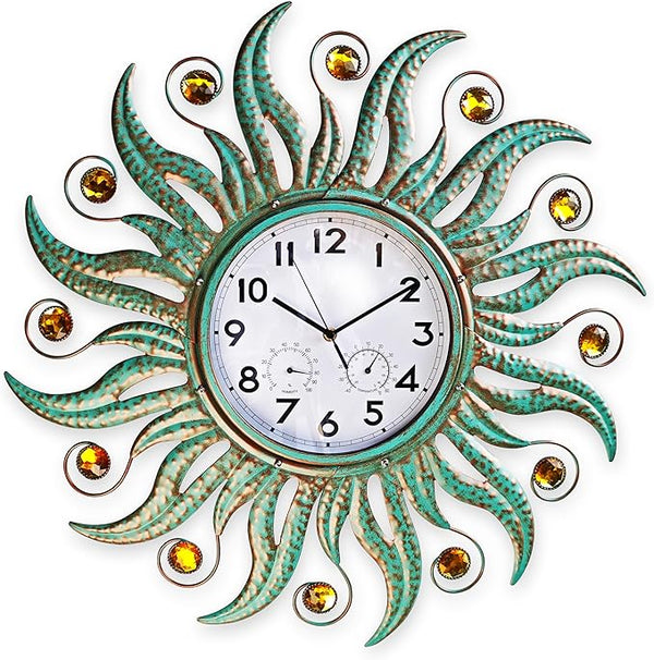 COOZZUHOUR 25 Inch Metal Sun Outdoor Shaped-Clock with Thermometer and Hygrometer Combo, Battery-Powered 10-inch Waterproof Dial and Silent Quartz Movement for Home Decorative Gifts(Cyan)