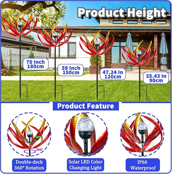 Wind Spinners Outdoor for Yard and Garden - Wind Sculptures & Spinners - 70 Inch Wind Spinner with Solar Powered Multi-Color Glass Ball Light for Yard Garden Backyard Lawn Decorations -Red and Gold