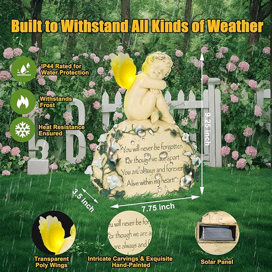 Inyasnowdis Solar Garden Angel Memorial Statue - Bereavement Gifts for Loved Ones & Pets, Hand-Painted Garden Sculpture with Engraved Stone Cemetery Grave Decorations