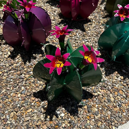 Handmade Metal Bisnaga Cactus with Flowers - Garden Art Decor (Dark Green)