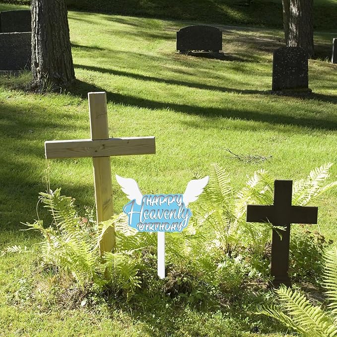 AceOrbit 13.8 X 7.9 Inches Large Happy Birthday in Heaven Decorations Cemetery Decorations for Grave Metal Memorial Remembrance Stake, Grave Markers for Human Cemetery Garden Yard Site Outdoor(Blue)