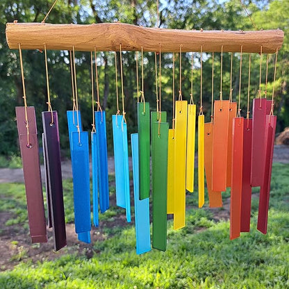 Blue Handworks Color Spectrum Glass and Driftwood Chime - Sandblasted Glass and Found Wood Hand Crafted Wind Chime