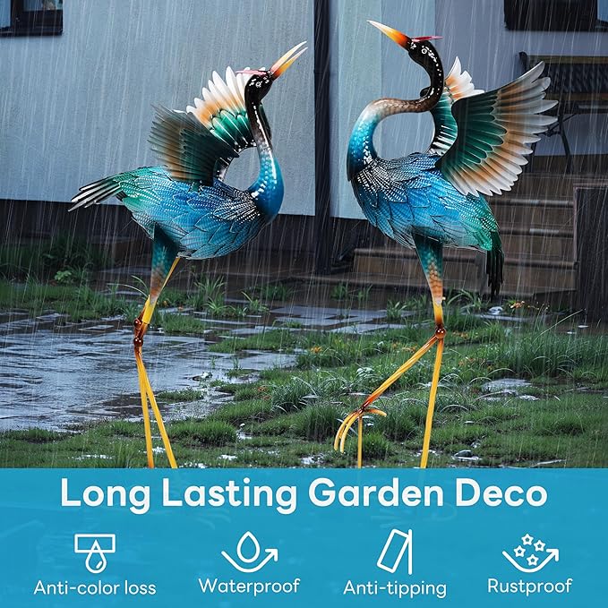 Garden Statues Large Metal Crane Sculptures, Outdoor Heron Metal Statue Yard Art for Garden Decor, Realistic Bird Art for Outdoor Decor, Standing Lifelike, Water&Rust-Proof, Set of 2 Sky Blue