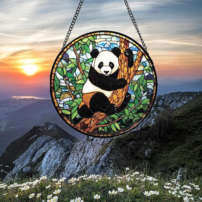 Stained Glass Window Hanging - Cute Panda Suncatcher for Doors Garden Patio Sun Catchers Decor Christmas Mother's Day Birthday Teenager Gifts for Women Men Mom Nana Friend 11.8 in
