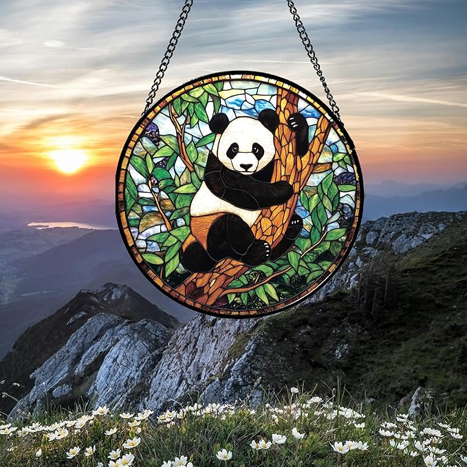 Stained Glass Window Hanging - Cute Panda Suncatcher for Doors Garden Patio Sun Catchers Decor Christmas Mother's Day Birthday Teenager Gifts for Women Men Mom Nana Friend 6.3 in