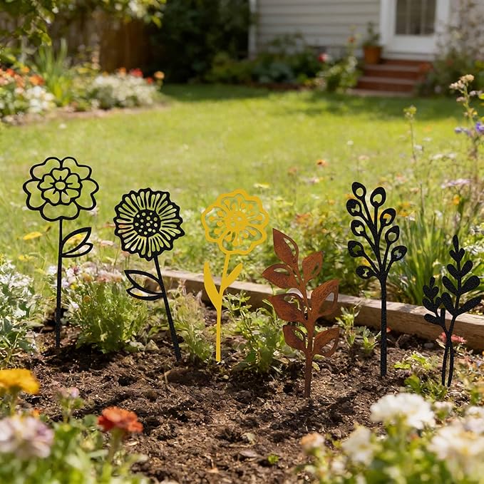 Black Metal Flowers Set of 6 Decorative Garden Stakes Yard Art, Garden Decorations Outdoor Metal Plant Stakes, Flower Bed Decor Garden Art, Plant Decorations for Pots and Flowers for Vase