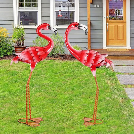 Gisafai 2 Pack 32.7 Inch Metal Flamingos Garden Statues Large Pink Flamingos Yard Outdoor Decor for Garden Home Porch Pond Patio Backyard Ornaments