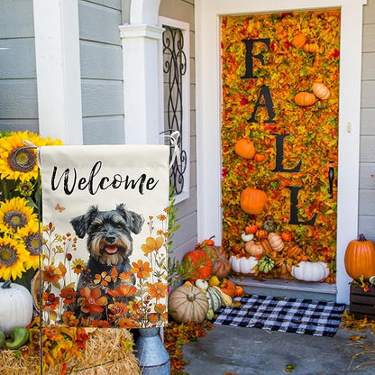Floral Schnauzer Garden Flag Fall Yard Flag Wildflower Dog Garden Flags Orange Autumn Lawn Flags Welcome Thanksgiving Outdoor Flags for Outside 12x18 Double Sided Small
