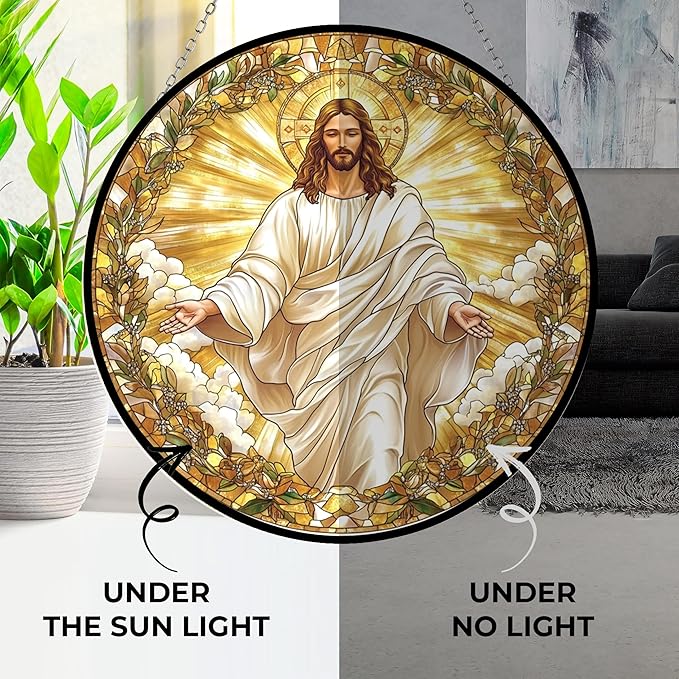 Jesus Christ Suncatchers for Windows,6.3” Stained Glass Window Hangings,Hand-Painted Glass Panel Perfect for Home Décor
