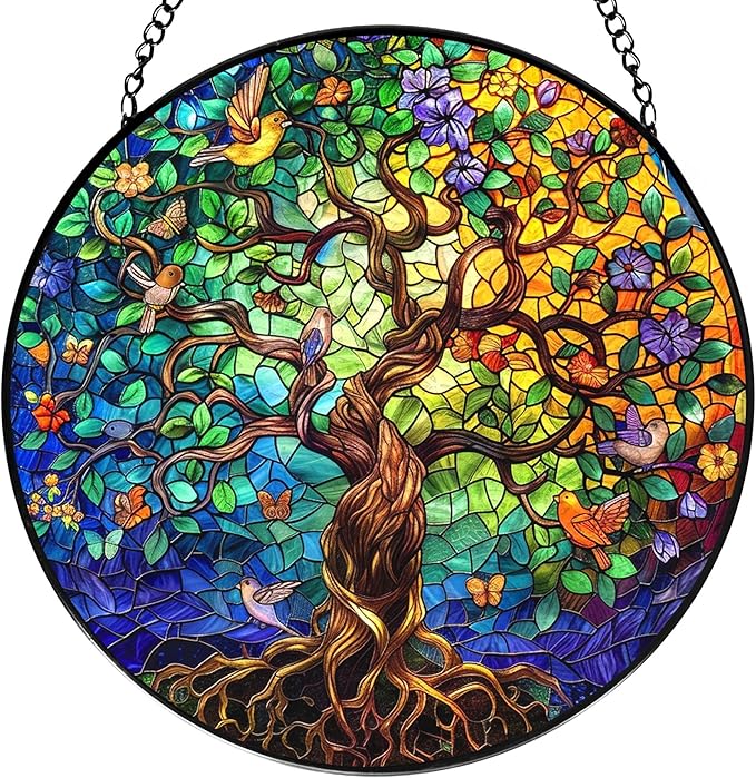 Tree of Life Stained Glass Window Hanging, Tree of Life Decor Suncatchers Sun Catchers Indoor Window Glass Wall Art Decorations, Nature Bird Flower Trees Wall Hanging Decor, 7.9x7.9in,Patio
