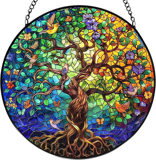 Tree of Life Stained Glass Window Hanging, Tree of Life Decor Suncatchers Sun Catchers Indoor Window Glass Wall Art Decorations, Nature Bird Flower Trees Wall Hanging Decor, 7.9x7.9in,Patio