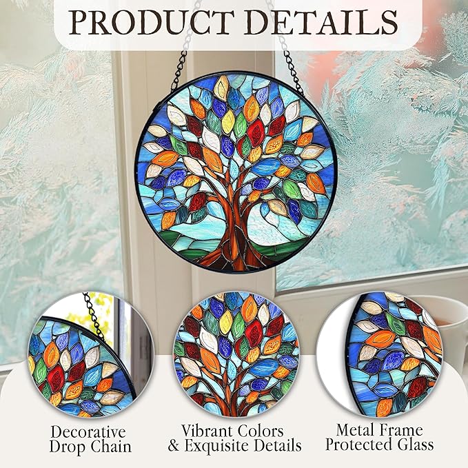 kdqua Tree of Life Suncatcher Stained Glass Window Hanging, Sun Catchers Indoor Window Glass Round Wall Decor, Nature Wall Art Hanging Decorations Statues Christmas & Birthday Gifts, 7.9x7.9in