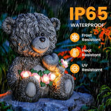 YDKOJGW Solar Garden Outdoor Statues Bear with Heart and Pink Flower and 5 LED Lights-Lawn Decor Bear Statue for Patio, Balcony, Yard Ornament-Unique Housewarming Gifts for Mom, Women