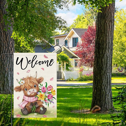Heyfibro Welcome Spring Summer Highland Cow Garden Flag 12x18 Double Sided Burlap, Flower Bouquet Butterfly Yard Banner for Holiday Farmhouse Yard Outdoor Decor(ONLY FLAG)
