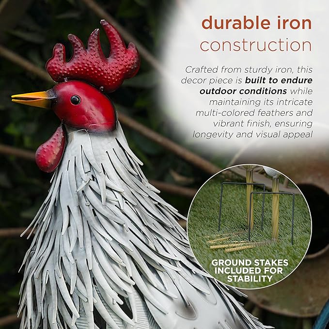 Alpine Corporation 28" Tall Outdoor Metal Feathered Rooster Statue with Vibrant Design, Garden Decor, White/Black