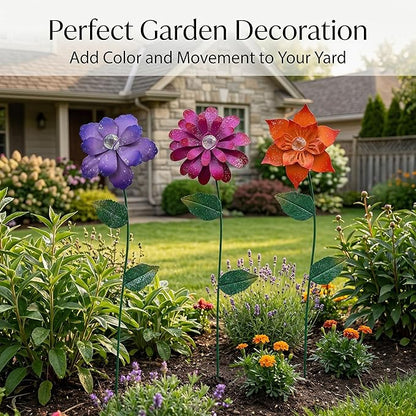 Floral Garden Stake Glow in Dark Plant Pick Water Proof Metal Flower Stick for Outdoor Garden Decor, Set of 3