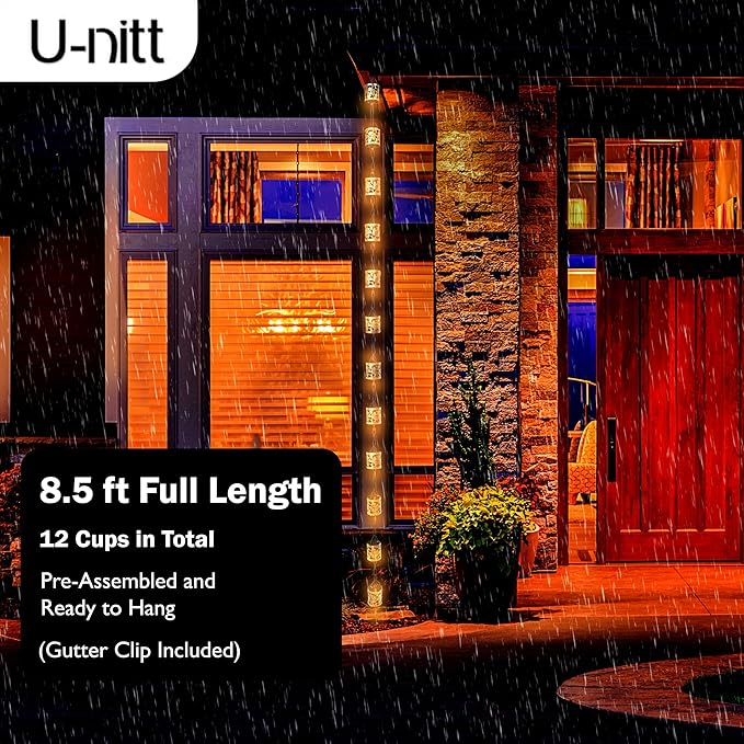 Rain Chain Water Collection for Gutters, Rainwater Catcher & Diverter, 8.5 FT Chains for Outside Garden, Antique Light Up Cups, Roof Downspout, Works with Heavy Rain, w/ Gutter Clip for Rainchains