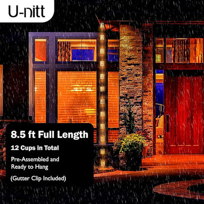 Rain Chain Water Collection for Gutters, Rainwater Catcher & Diverter, 8.5 FT Chains for Outside Garden, Antique Light Up Cups, Roof Downspout, Works with Heavy Rain, w/ Gutter Clip for Rainchains