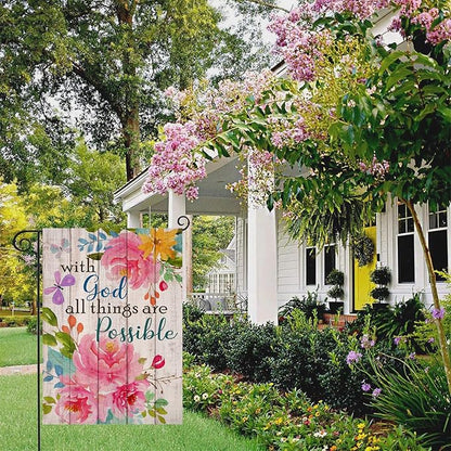 Artofy with God all Things are Possible Christian Home Decorative Garden Flag, Spring Summer Religious House Yard Outdoor Peony Flower, Inspirational Butterfly Outside Farmhouse Small Decor 12 x 18