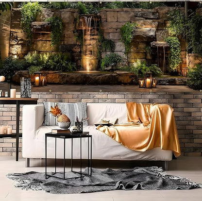 Garage door banner cover, 6x13 ft stone walls and waterfalls background, Large Outdoor Backyard Landscape Decoration (Stone-wall-Waterfall)