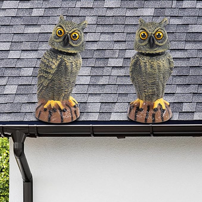Hausse 2 Pack Bird Scarecrow Fake Owl Decoy Sculpture, 10.6 Inch Height Golden Rotating Head Plastic Owl Bird Deterrents, Nature Enemy Horned Pest Repellent for Outdoor Garden Yard
