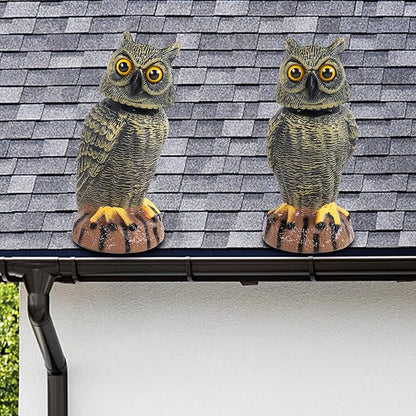 Hausse 2 Pack Bird Scarecrow Fake Owl Decoy Sculpture, 10.6 Inch Height Golden Rotating Head Plastic Owl Bird Deterrents, Nature Enemy Horned Pest Repellent for Outdoor Garden Yard