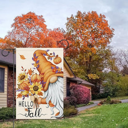 Hello Fall Gnome Garden Flag 12x18 Double Sided Burlap, Pumpkin Sunflower Garden Yard Flags for Thanksgiving Rustic Seasonal Outside Outdoor House Decoration (ONLY FLAG)