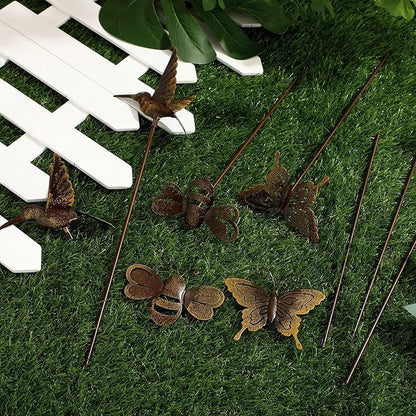 AceOrbit 6 Pcs Rusty Yard Stakes Spring Decor 11.8" Metal Butterfly Hummingbird Bee Stakes Rust Proof Plant Sticks Flowers Bed Decor for Farmhouse Outdoor Yard Lawn Patio Walkway Pathway (Insect)