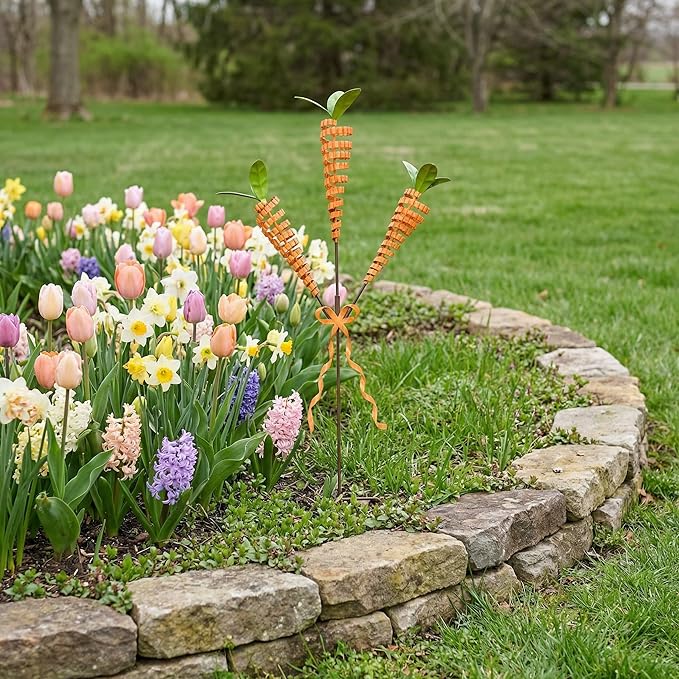 Easter Yard Stakes, 28-Inch 3-Head Carrot Metal Garden Stakes, Rust-Resistant Coiled Iron Wire Outdoor Decor, Spring Easter Decorations Outdoor for Garden, Lawn, Patio, Easter Outdoor Decor
