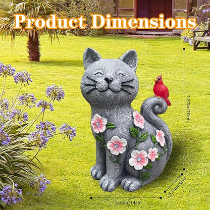 Solar Cat Garden Statue with LED Lights, Waterproof Resin Cat Figurine with Red Bird, Outdoor Decor for Patio, Lawn, Yard, Balcony, – Gift for Mom, Grandma & Cat Lovers