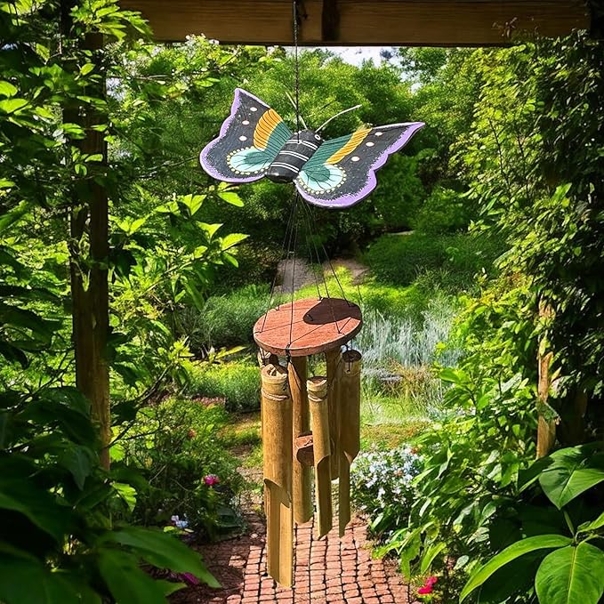 Butterfly Bamboo Wind Chime – Handcrafted 39” Hanging Outdoor Windchime with Colorful Carved Wood Topper & Relaxing Sound – Natural Bamboo Garden Décor for Porch, Patio, or Balcony