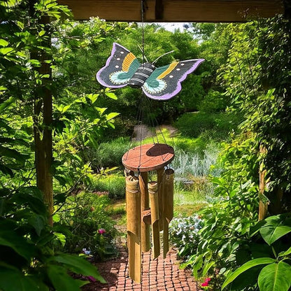 Butterfly Bamboo Wind Chime – Handcrafted 39” Hanging Outdoor Windchime with Colorful Carved Wood Topper & Relaxing Sound – Natural Bamboo Garden Décor for Porch, Patio, or Balcony