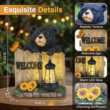 Garden Black Bear Welcome Sign with Solar Lantern, Decorative Outdoor Statue with Butterfly and Sunflowers, Lawn and Porch Decor
