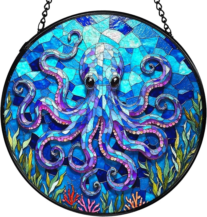 Ocean Beach Octopus Suncatchers Stained Glass Window Hanging, Octopus Decor Sun Catchers Indoor Window Glass Round Wall Decor, Coastal Beachy Wall Hanging Decorations, 7.9x7.9in