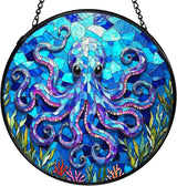 Ocean Beach Octopus Suncatchers Stained Glass Window Hanging, Octopus Decor Sun Catchers Indoor Window Glass Round Wall Decor, Coastal Beachy Wall Hanging Decorations, 7.9x7.9in
