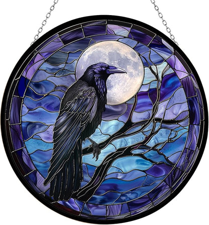 Moon Crow Stained Glass Window Hanging Sun Catcher Halloween Haning Ornament Decoration Christmas Birthday Gifts for Lover, Friends