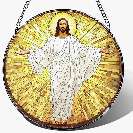 8'' Jesus Christ Stained Glass Suncatcher, Stained Glass Window Hanging, Religious Christmas Ornament, Christian Holiday Decor, Gift for Christmas, Religious Gifts, Christian Gifts