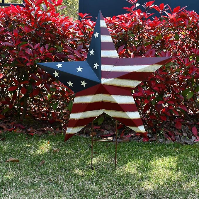 Morning View American Flag Garden Stake Patriotic Decor Metal Star US Flag Yard Sign Bar Star Outdoor Lawn Art Ornament 4th of July Memorial Day Veterans Day Independence Day 22 Inches Tall